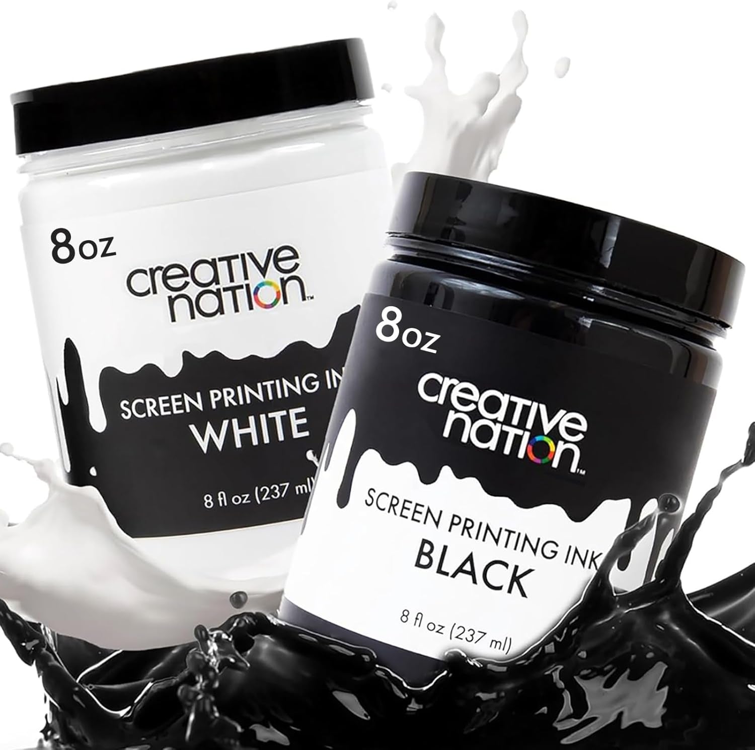 Black &amp; White Fabric Screen Printing Ink 2-Pack - 16 Oz. of Water Based and High Opacity Ink for T-Shirt and Silkscreen Printmaking by
