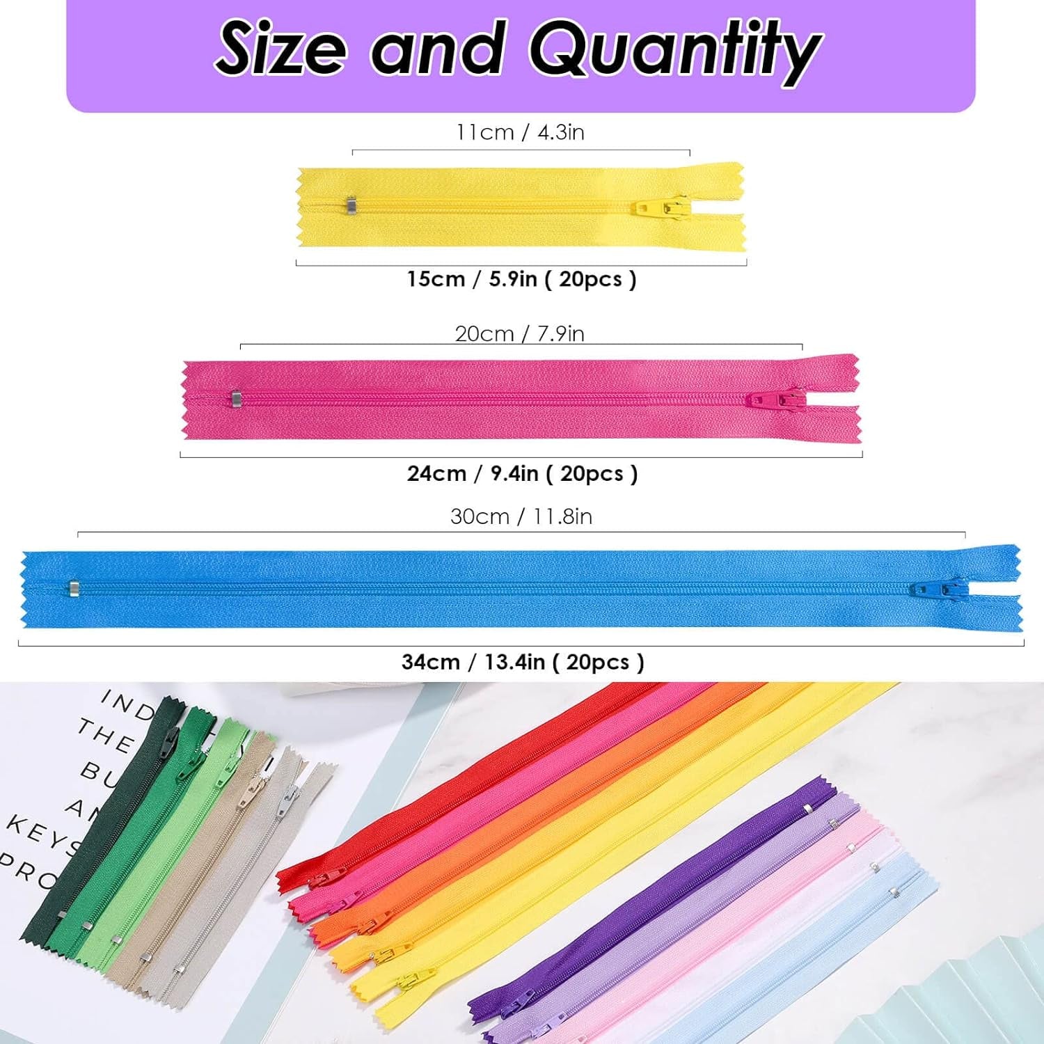 Zippers for Sewing, 120Pcs Nylon Zippers for Sewing in Assorted Lengths and Colors, Bulk Zippers for Making Bags, Pouches, Pillow Covers and Sewing Crafts Projects