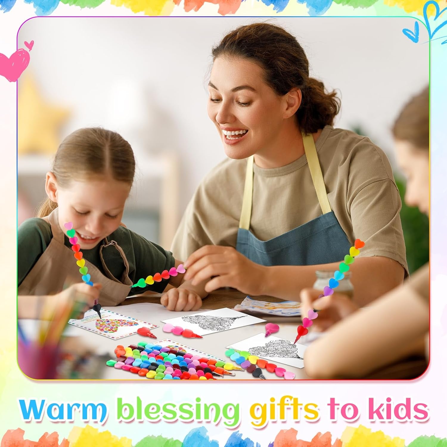 50 Sets End of Year Student Gift Stackable Crayons and Coloring Card Kindergarten Graduation Gift Bulk 2024 Congrats Grad Last Day of School Party Favor for Preschool Students(Heart)