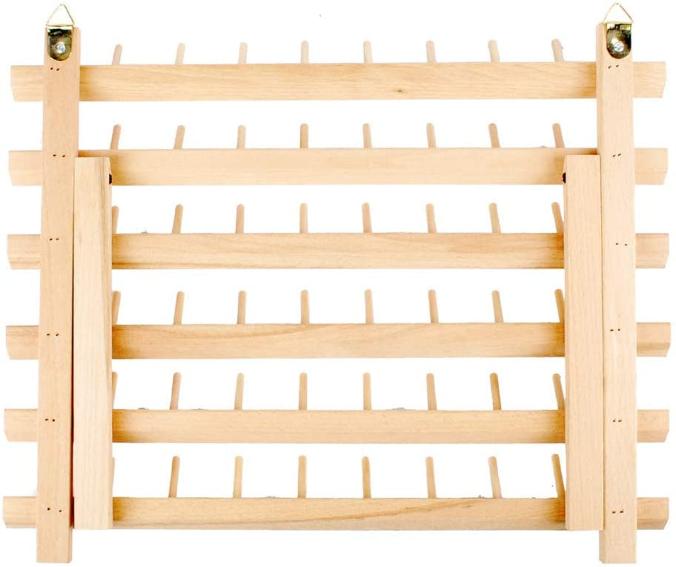 60-Spools Wooden Thread Holder Sewing and Embroidery Thread Rack and Organizer Thread Rack for Sewing with Hanging Hooks