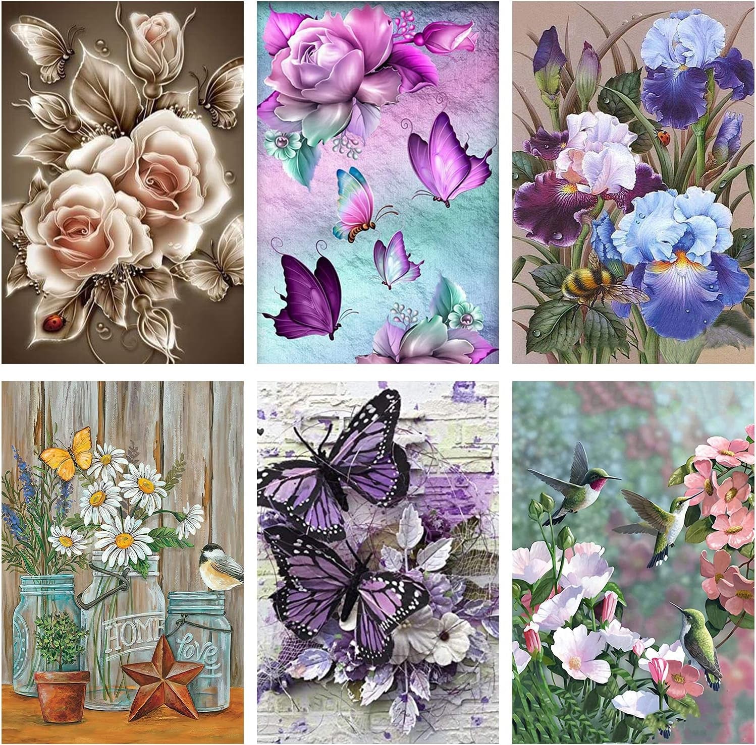 6 Pack Diamond Painting Kits - 5D Diamond Art Kits Full Drill Diamond Painting Kits for Adults Kids Beginners, DIY Butterfly Hummingbird Flowers Diamond Painting Packs Home Wall Decor 11.8X15.7Inch