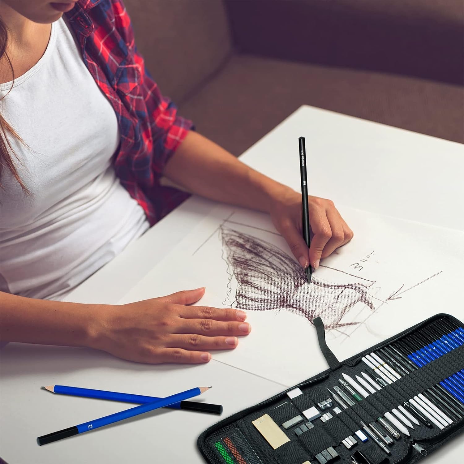 50Pcs Sketching Drawing Pencils Set Art Supplies | Sketch Pencils,Graphite,Charcoal,Sketch Book,Drawing Supplies | in Black Zipper Case | for Adults,Teeage, Kids 9-12