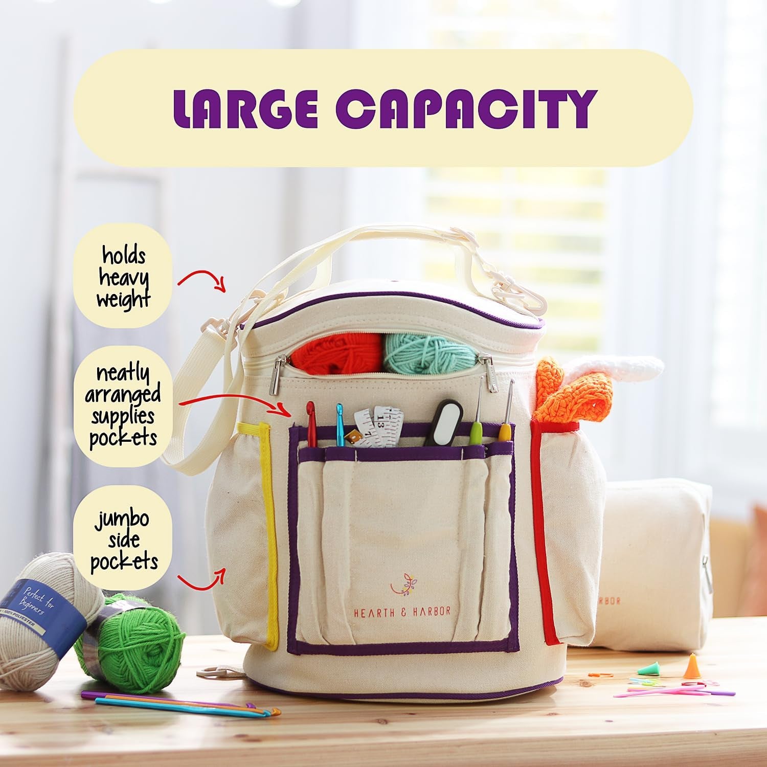 Crochet Bag Organizer – Durable Knitting Bag, Yarn Organizer for Crochet Accessories and Supplies, Canvas Yarn Bag, Crochet Organizer with Accessories Case, Yarn Storage Organizer