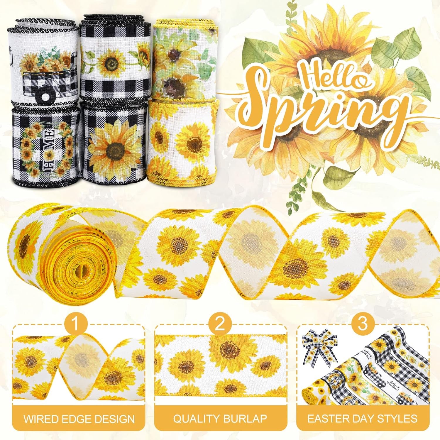 36 Yard Sunflower Wired Edge Ribbon 6 Roll 2.5 Inch Buffalo Plaids Flower Fabric Ribbon Spring Summer Floral Decorative Craft Ribbon for Gift Wrapping Decor Hair Bow Sewing Wreath Crafts