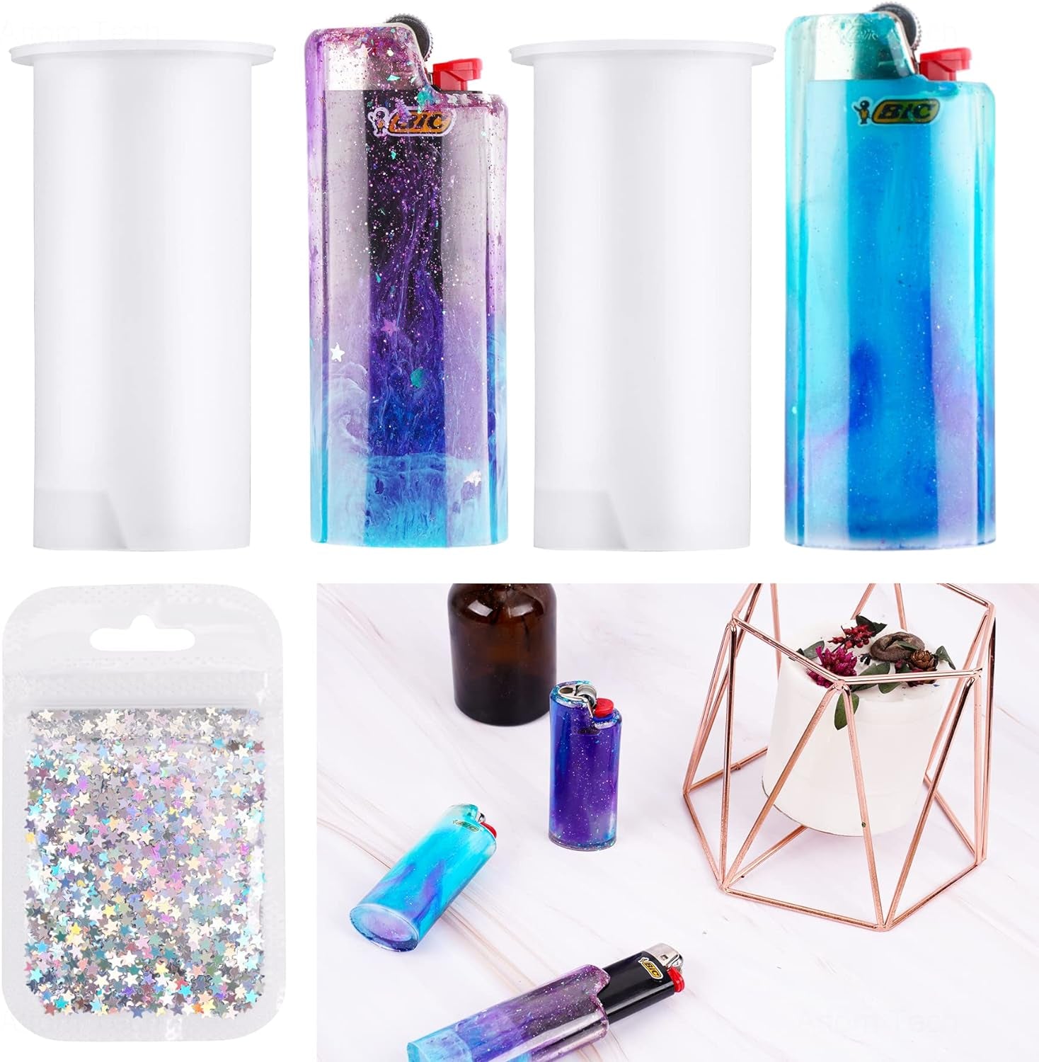 2PCS Pocket Lighter Case Epoxy Resin Silicone Mold & Glitter Pack, Work for Standard Size BIC J6 Lighter Protective Cover Sleeve Pouch Wrap Holder DIY Art Craft (Classic/Full/Maxi/Regular/J6)