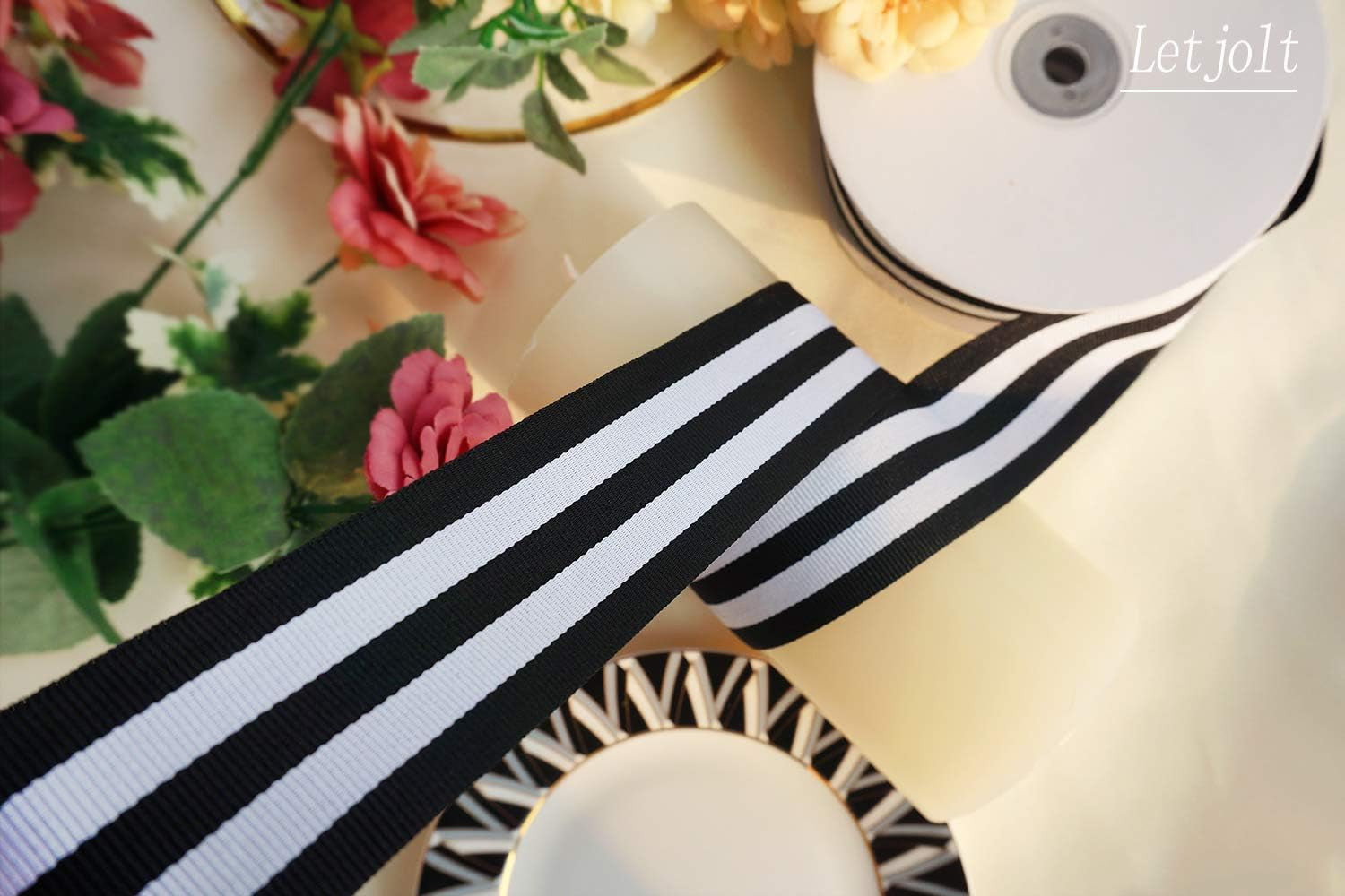 Black and White Taffy Striped Fabric Grosgrain Ribbon 1-1/2 Inch Wide 25 Yards Black Striped Ribbon for Bouquet Favor Christmas Thanksgiving Gifts Wraps Craft Trim Embellishments Supplies Decoration