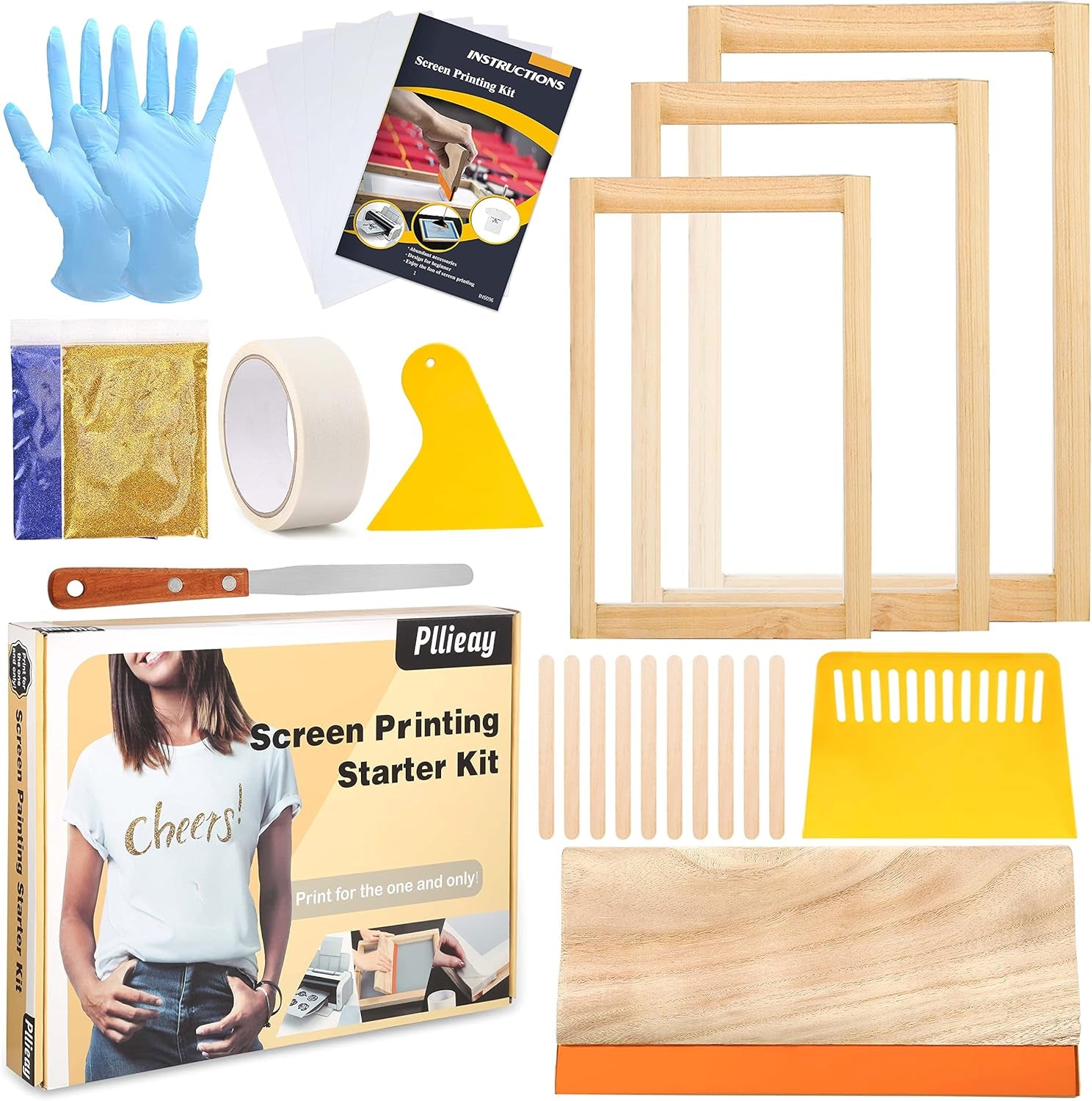 42 Pieces Screen Printing Kit with Instructions, Include 2 Pieces Wood Silk Screen Printing Frames, 5 Colors Fine Glitter, Screen Printing Squeegee, and Waterproof Transparency Films