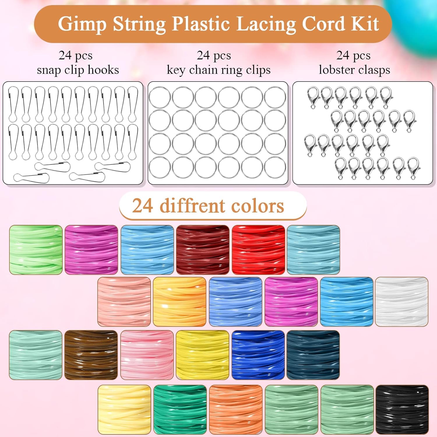 Plastic Lanyard String Kit,24 Rolls Gimp Bracelet Making Kit String Plastic Lacing Cords with 24 Pcs Jewelry Lobster Clasp 24 Pcs Key Chain Ring Lanyard Clips 24 Pcs Snap Lanyard Hooks