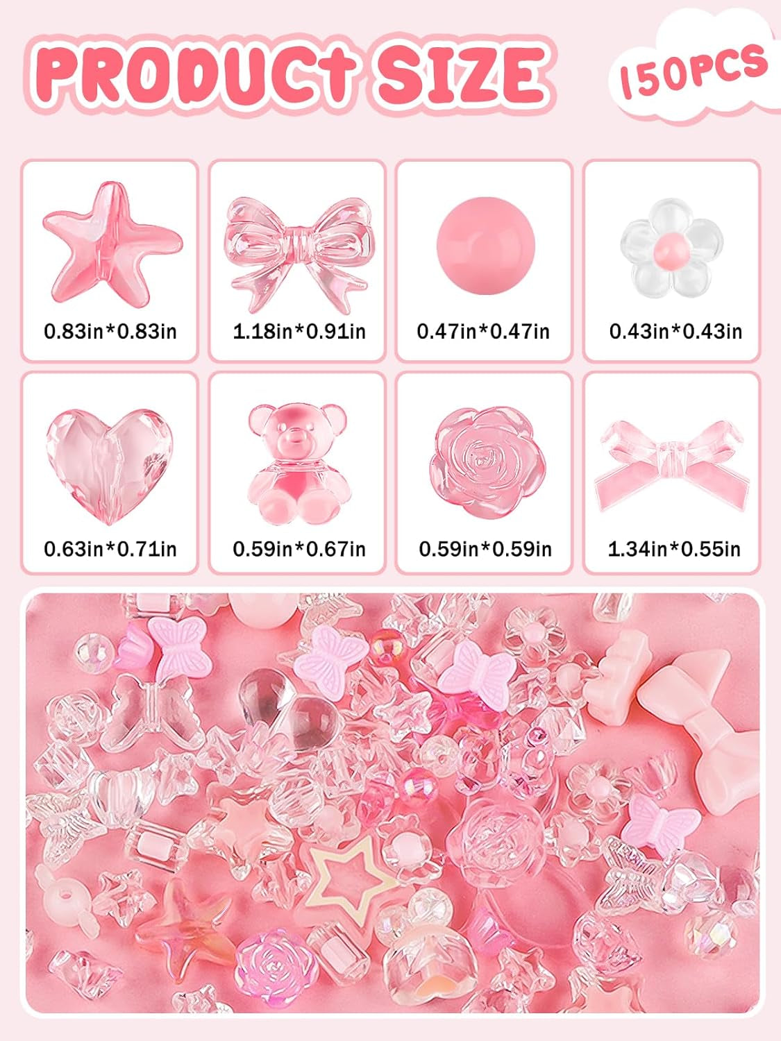 150PCS Acrylic Pastel Beads for Jewelry Making,  Colorful Bow Butterfly Flower Kawaii Plastic Candy Heart Cute Macaroon Aesthetic Beads for Bracelet Necklace DIY Supplies (Pink)
