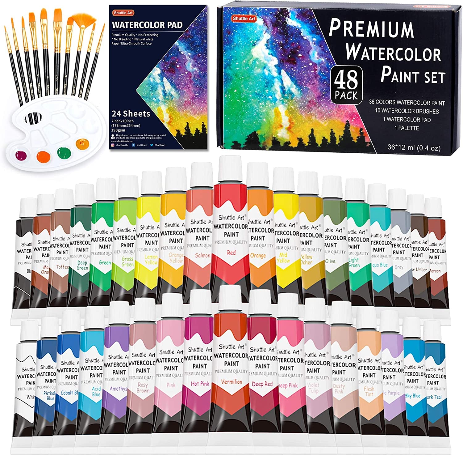 48 Pack Watercolor Paint Set, 36 Colors Watercolor Paint in Tubes (12Ml Each) with 10 Brushes, 1 Watercolor Pad, 1 Palette, Premium Watercolor Kit for Artist, Beginners, Kids