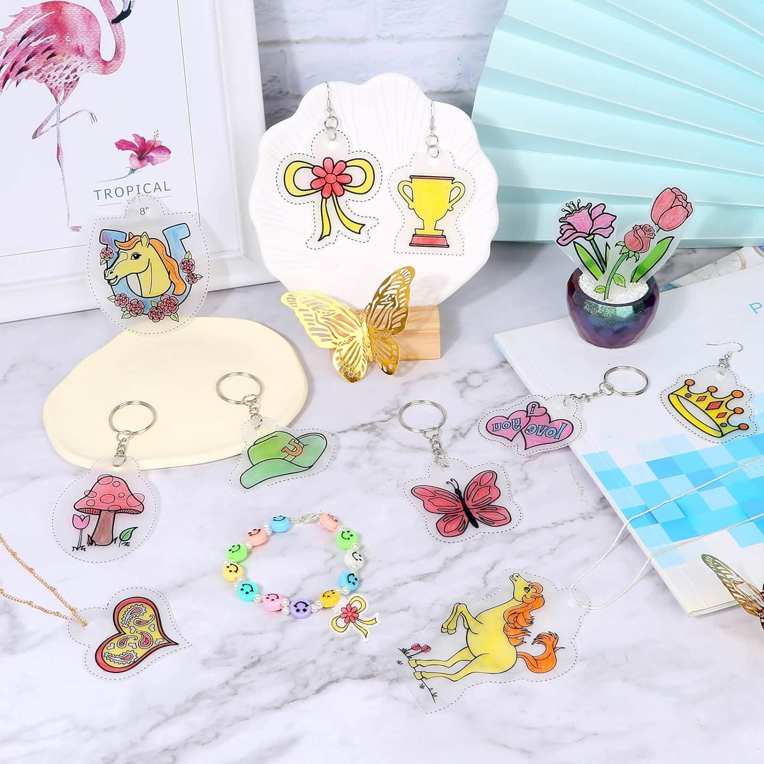 Shrinky Art Keychain Kit, Including 20 Sheets Shrink Plastic Paper, Keychain Clip, Split Key Rings, Key Rings with Chain, Jump Rings, Hole Punch for Craft Creative
