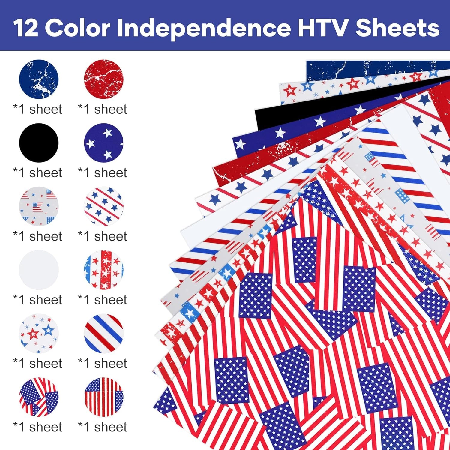 American Flag Heat Transfer Vinyl - 13 Pack 4Th of July Iron on Vinyl Pattern HTV Vinyl 12×10Inch, White HTV &amp; Patriotic Navy Blue for Independence Day HTV Vinyl