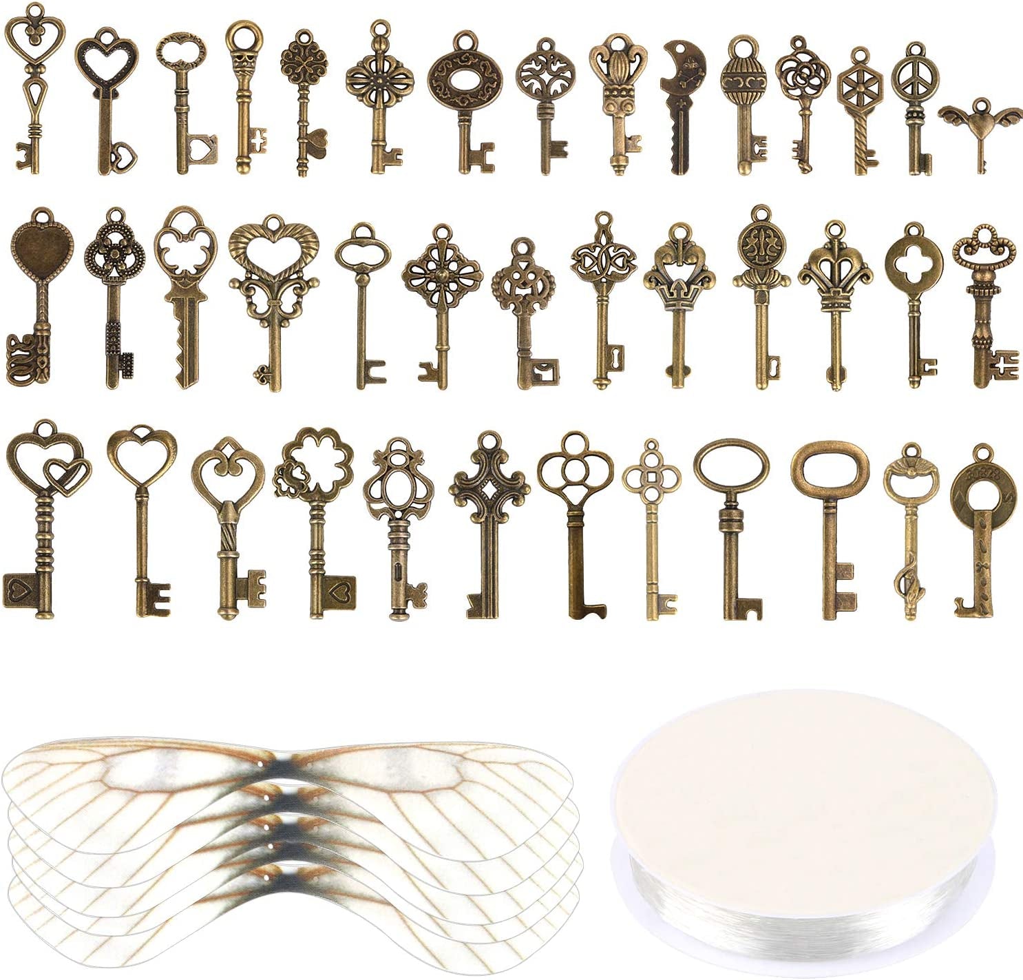 Set of 40 Flying Keys Charms, 40PCS Dragonfly Wings 40 DIY Vintage Skeleton Key and Elastic Crystal String for Wedding Party Decorations