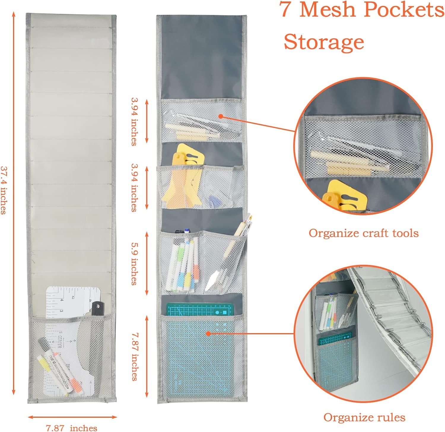 Vinyl Roll Holder - 36 Compartments Vinyl Storage Organizer with 7 Mesh Pockets Storage, Wall Mount/Over the Door Vinyl Roll Storage, with 2 Hooks and 2 Hanging Straps (Grey)