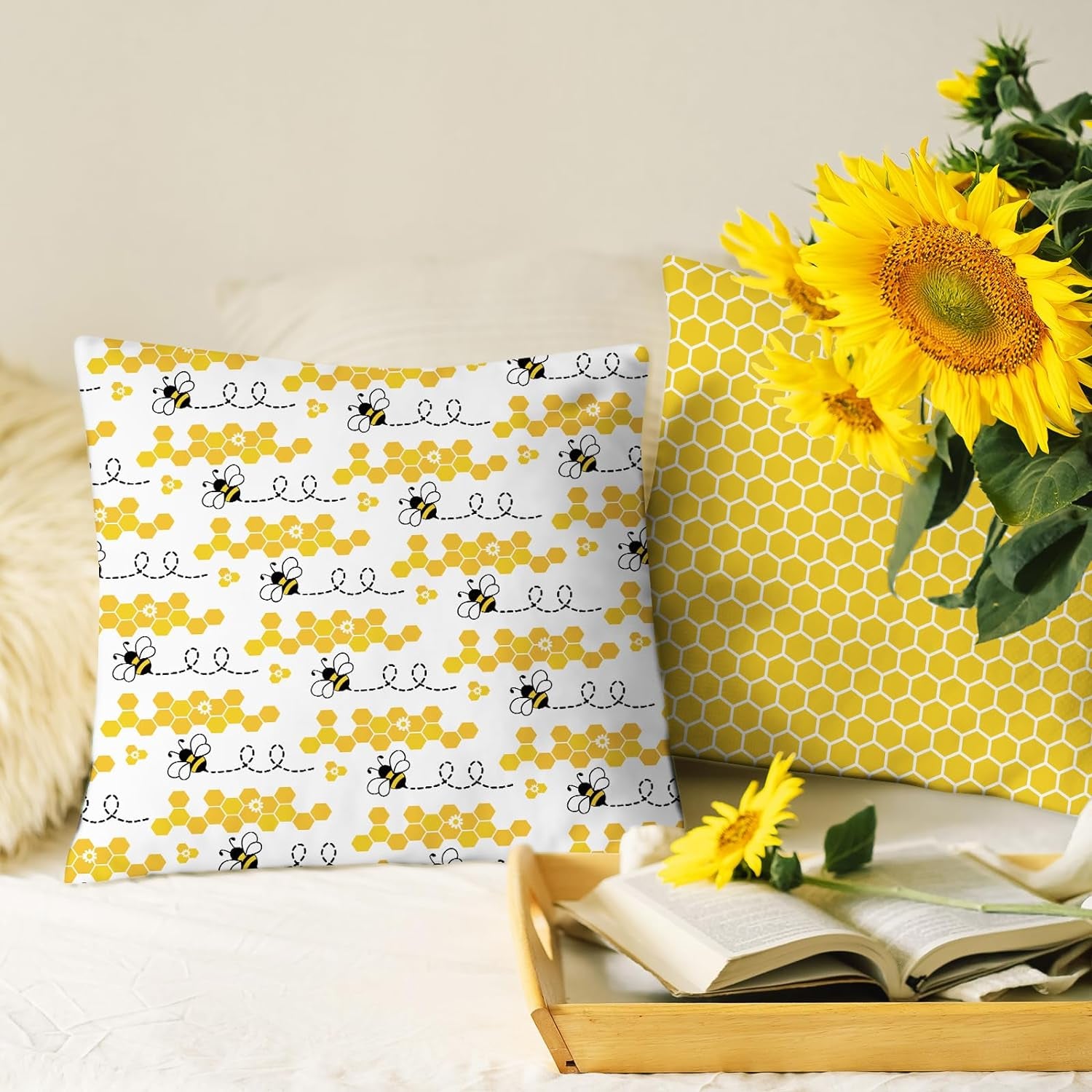 6Pcs Summer Cotton Fabric Bundles Bee Daisy Honeycomb Plaid Fat Quarters Bee Theme Quilting Patchwork Squares for DIY Handmade Craft Decor, 18 X 22 Inch