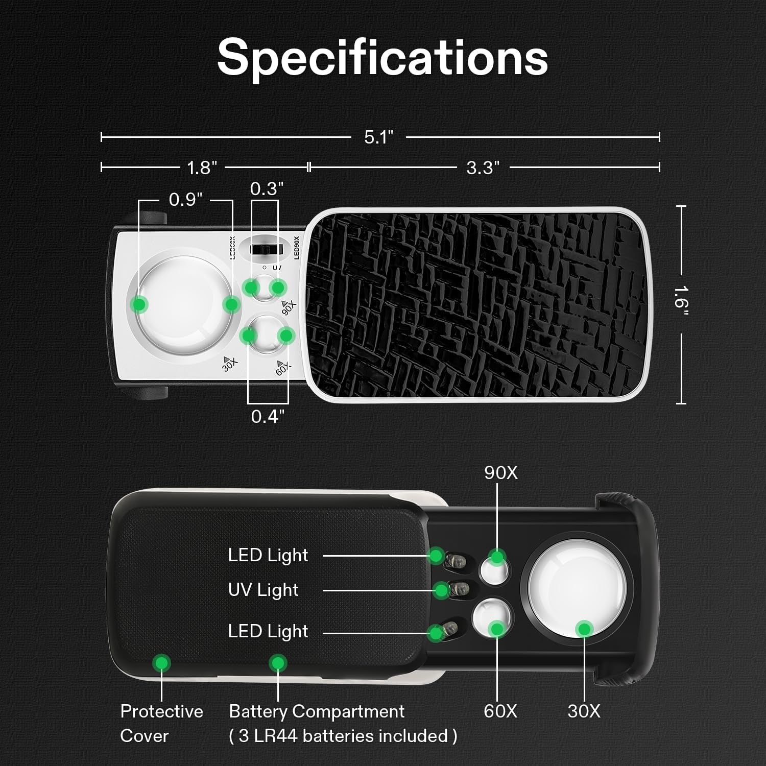 2-Pack Jewelry Loupe, Slide-Out Magnifier, 30X/60X/90X LED Lighted Eye Loupe with UV Light for Jewelry, Diamonds, Gems, Coins, Stamps, and Rocks, Black