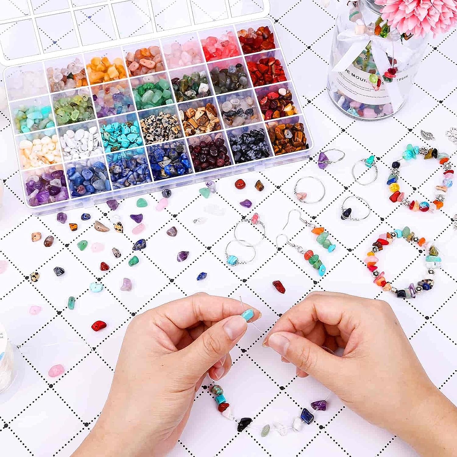Crystal Beads for Ring Making, 28 Colors Chips and Gemstone Beads, Ring Making Kit with Plastic Box for Jewelry, Bracelets, Earring Making Supplies