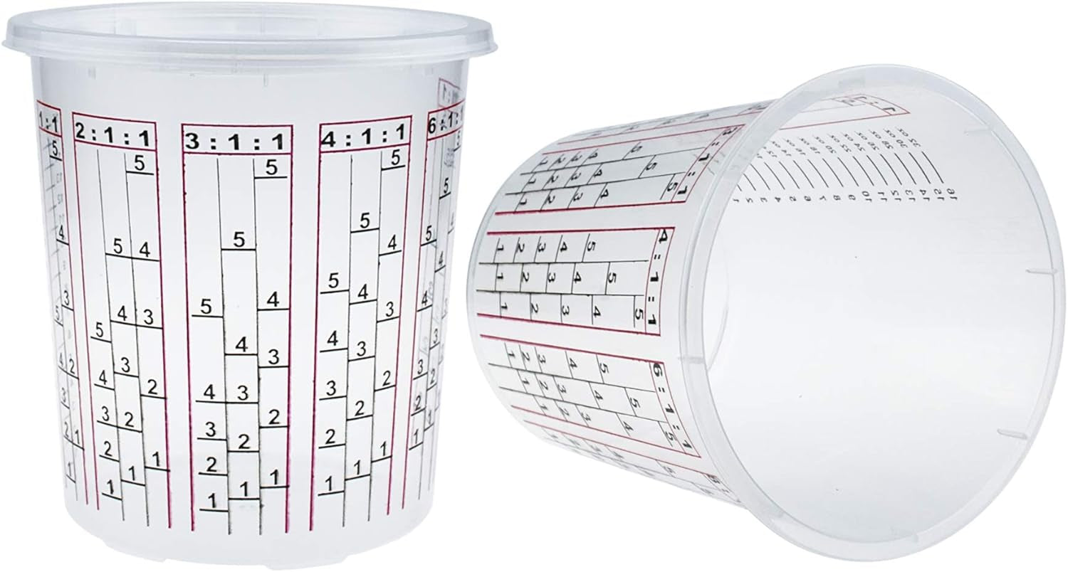 30 Pack Paint Mix Cups with Lids, 32 Ounce Plastic Paint and Epoxy Mixing Cups with Calibrated Mixing Ratios on Side of Cup, for Paint, Activators, and Thinner