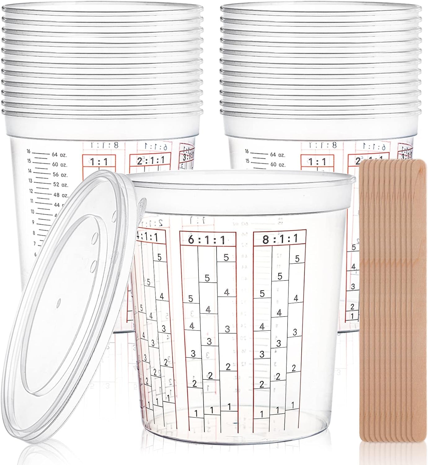 12 Pack Paint Mix Cups with Lids and 50 Sticks - 64 Oz Graduated Paint Mixing Cups Plastic Epoxy Measuring Cups with Calibrated Mixing Ratios on Side of Cup for Activators, Thinner, Resin