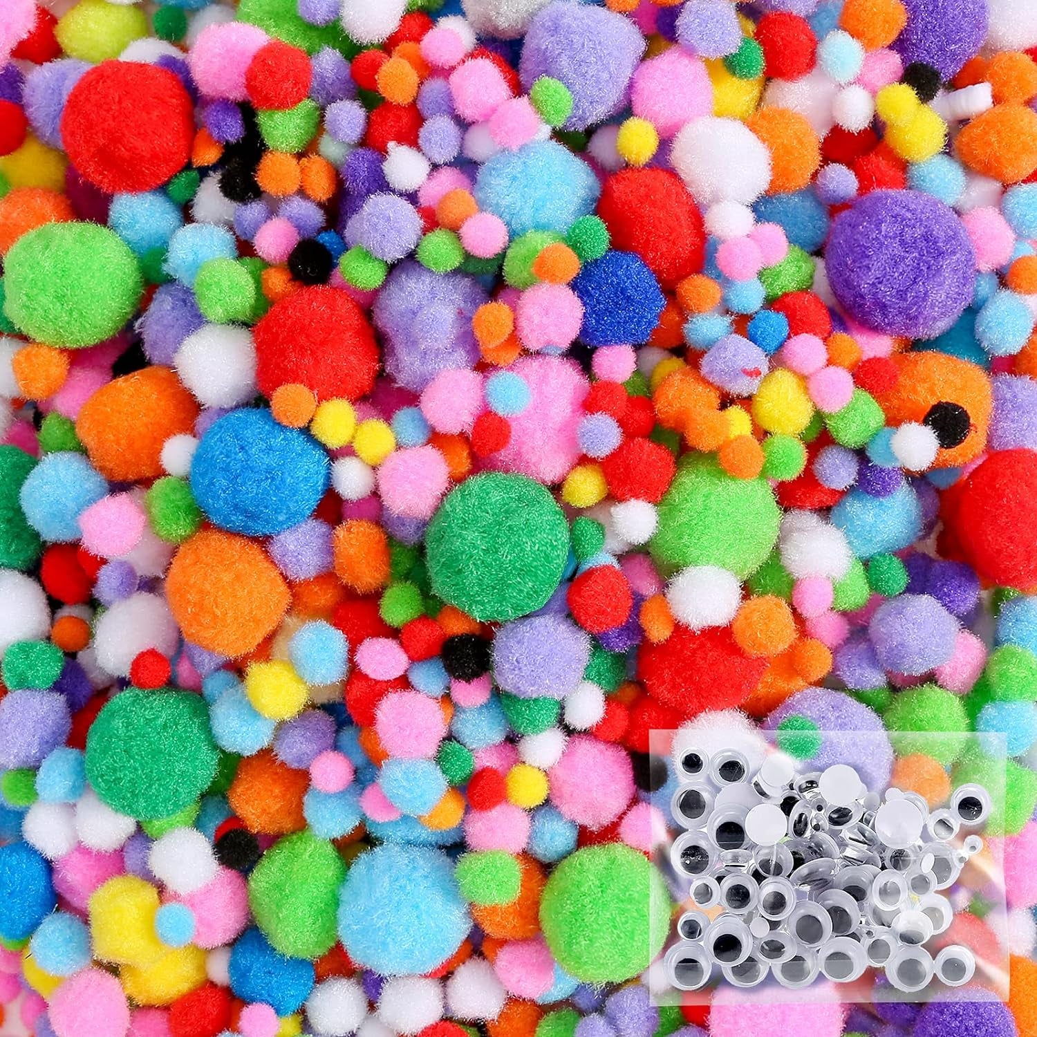 1400PCS 5 Sizes Multicolor Pom Poms Assorted Pompoms Balls with 4 Sizes Wiggle Eyes for Kids Creative DIY, Crafts Projects Making and Valentine'S Day Decorations