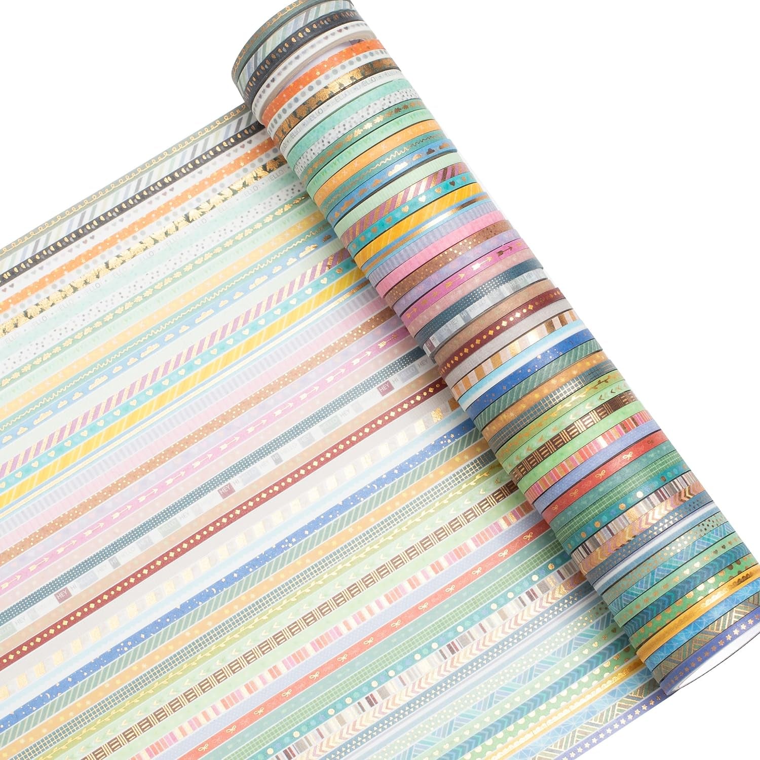 60 Rolls Skinny Washi Tape Set Gold Foil Masking Thin Basic Patterns Decorative Tapes for Arts, DIY Crafts, Journals, Planners, Scrapbook, Wrapping