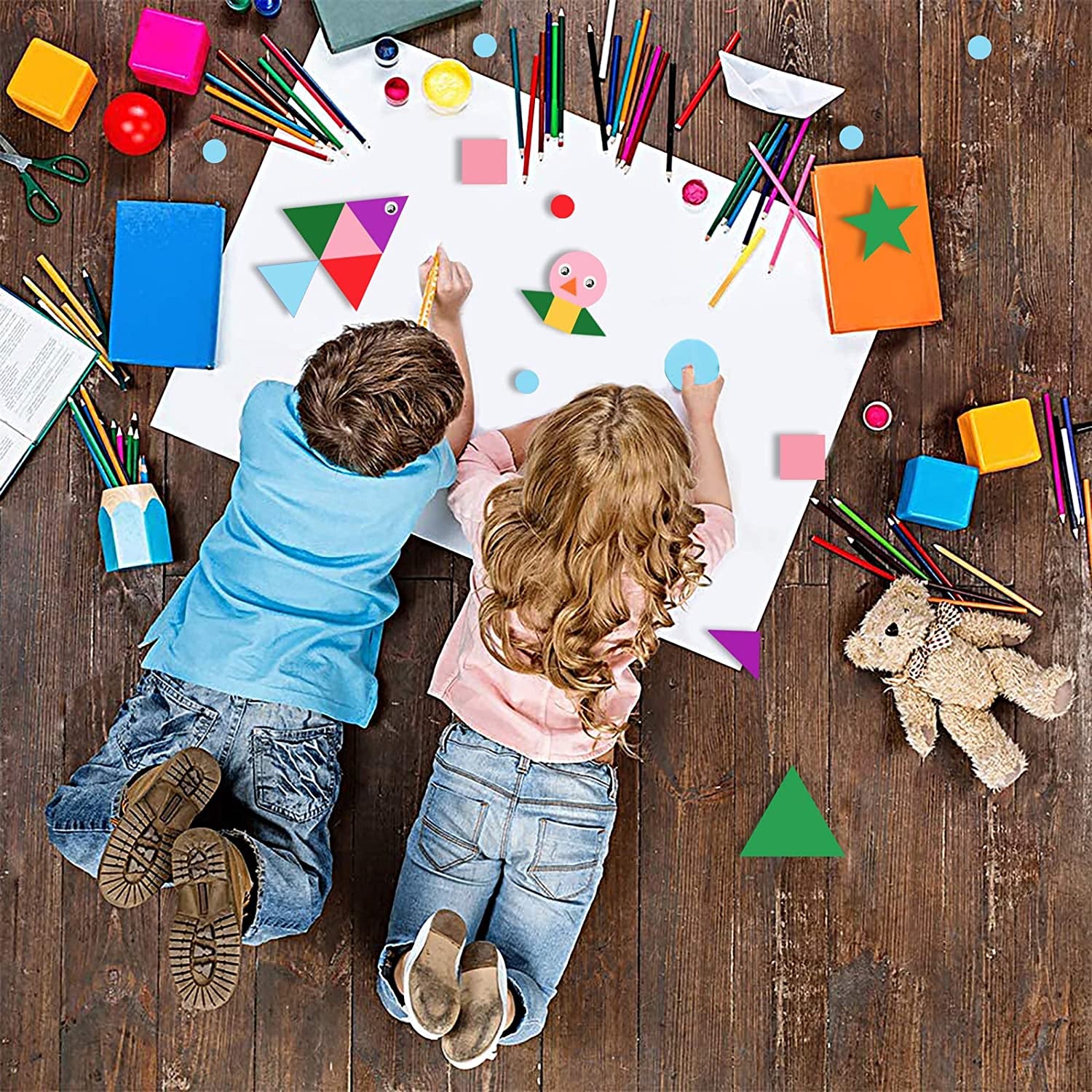 1500Pcs Foam Stickers Foam Shapes Stickers for Kids,10 Colors Self Adhesive Craft Supplies Geometric Stickers with Googly Eyes for Preschool Craft DIY Program (Circle, Square, Triangle, Star)