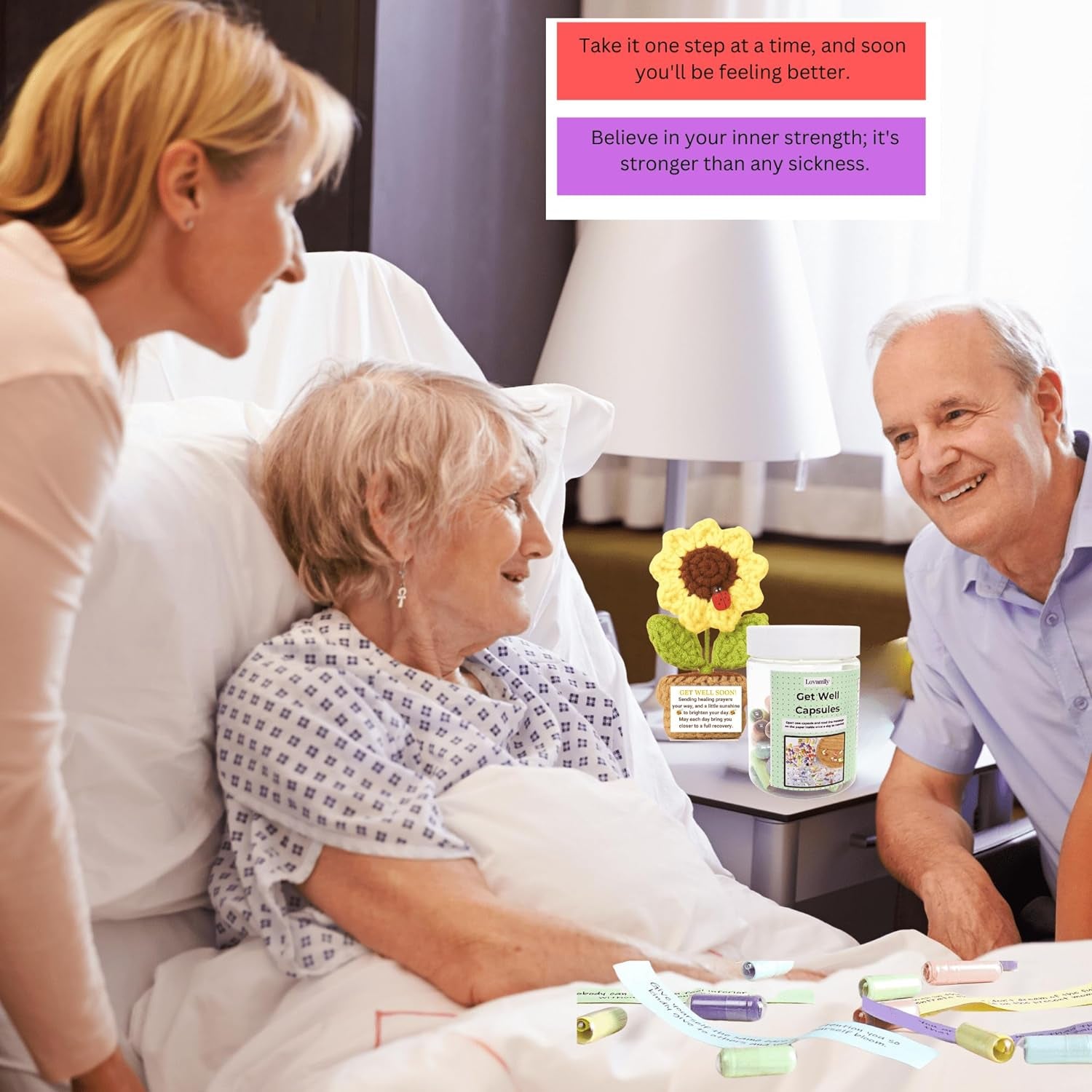 Get Well Soon Gifts - Positive Message Bottle and Knitted Positive Sunflower Crochet with Card Get Well Gifts for Women Men Patients after Surgery Cancer Chemo Sick Recovery Gifts Emotional Support