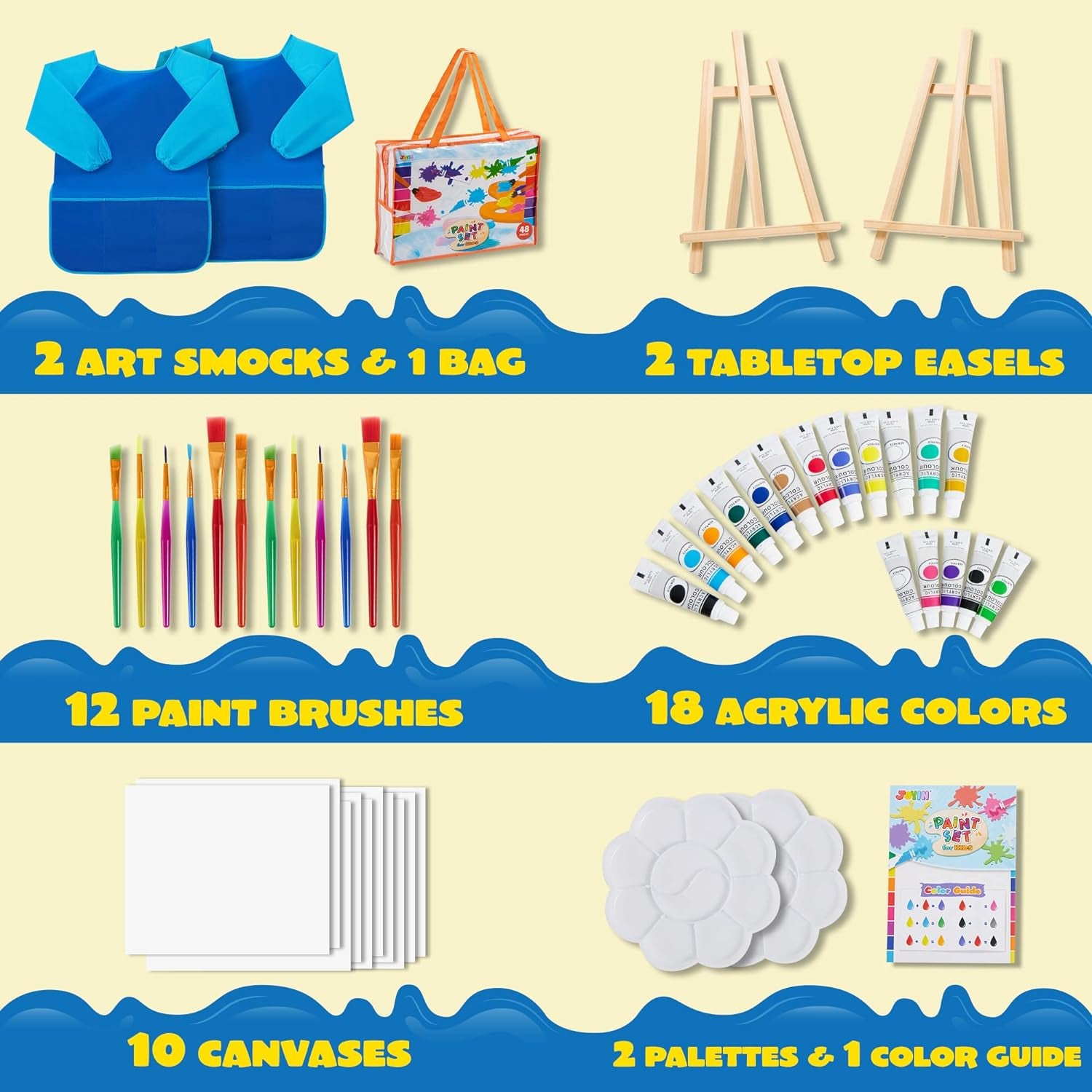 48 Pieces Art Painting Supplies for Toddlers and Kids with 12 Paint Brushes, 10 Painting Canvas, 2 Tabletop Easels, 2 Art Smocks, 18 Acrylic Painting Colors, Paint Palettes, Presents for Kids