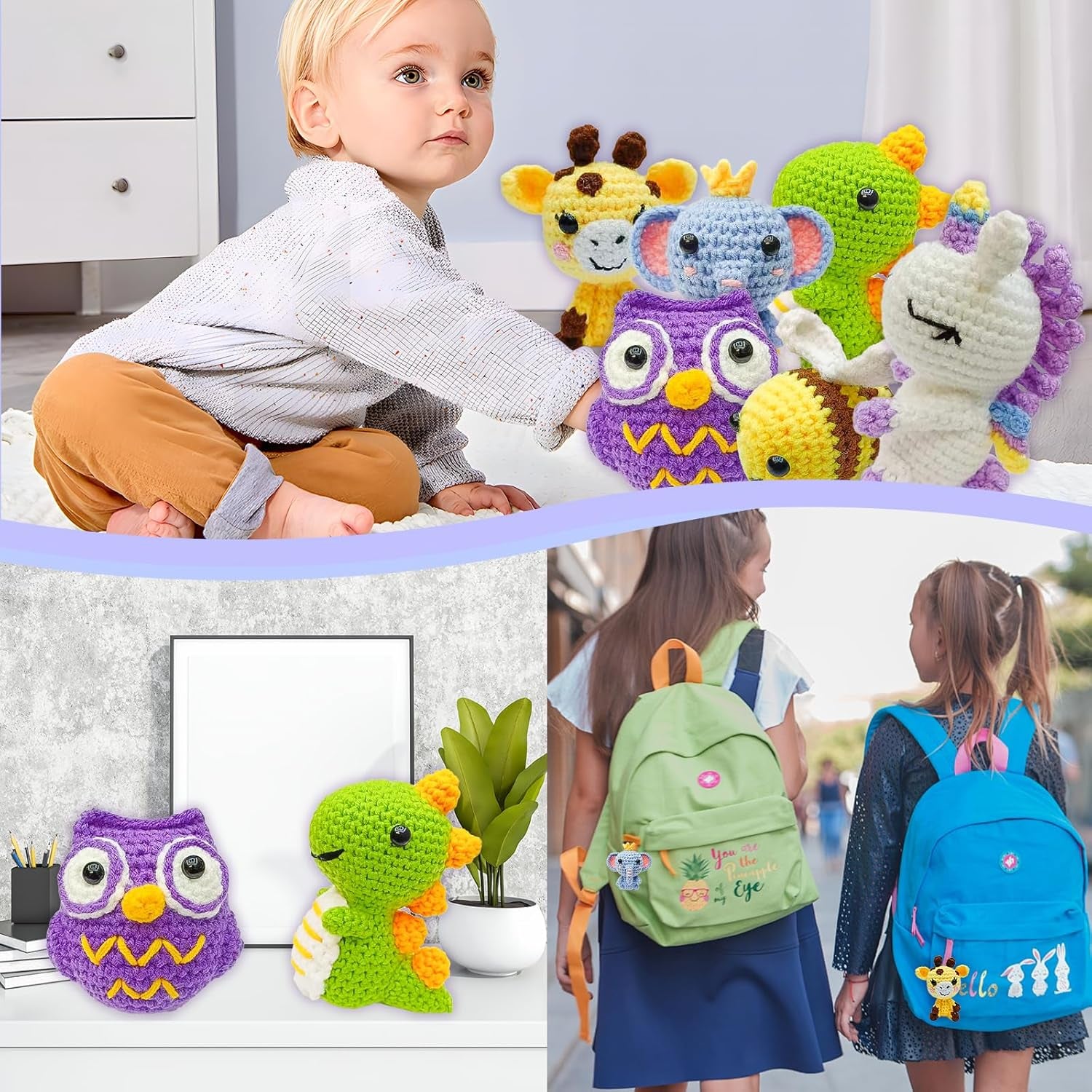 6Pcs Crochet Starter Kit Beginner for Adults - Knitting Kit for Adults and Kids Beginners - Amigurumi Crocheting Animals Kits with Step-By-Step Video Tutorials Dinosaur, Rainbow Bee, Unicorn