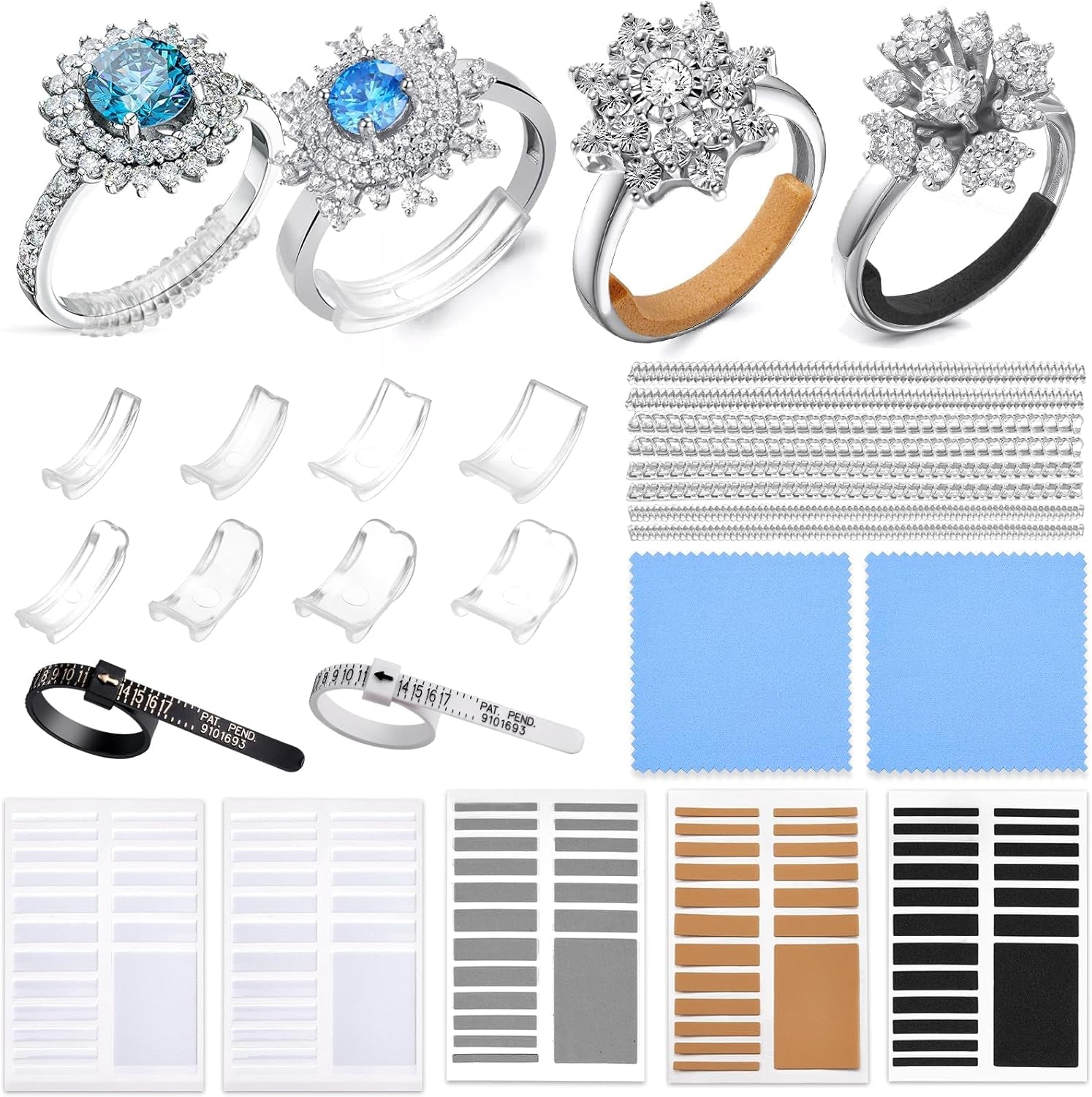 Ring Size Adjuster for Loose Rings- 110 Pcs Ring Size Adjusters Set Includes 8 Plug-In Invisible Ring Adjuster, 8 Spiral Silicone Tightener, EVA Invisible Sticker,Ring Size Measuring Tool