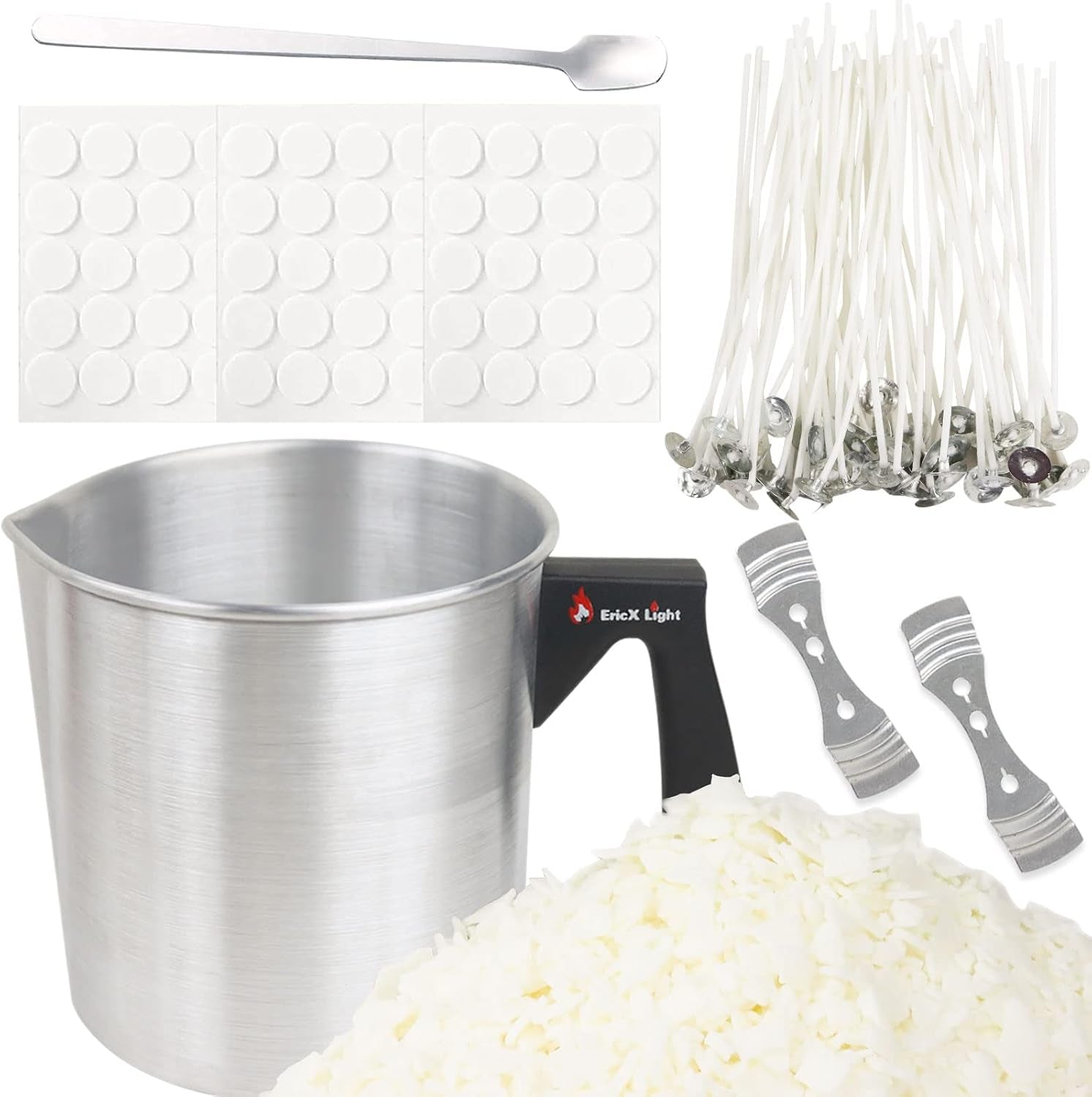 Candle Making Kit, 60Pcs Candle Wicks, 60Pcs Candle Wicks Sticker, 1Pc Candle Wax Pouring Pot, 2Pcs 3-Hole Wicks Centering Devices, 1Pc Mixing Spoon, DIY Candles Craft Tools