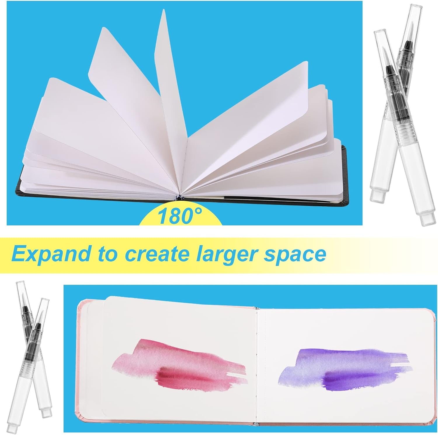 2 Pcs Watercolor Paper Sketchbook with 3 Pcs Watercolor Brush Pens, Small Portable Sketchbook Watercolor Journal Pocket Watercolor Notebook Travel for Painters Art Supplies (5.5 X 3.7 Inch)