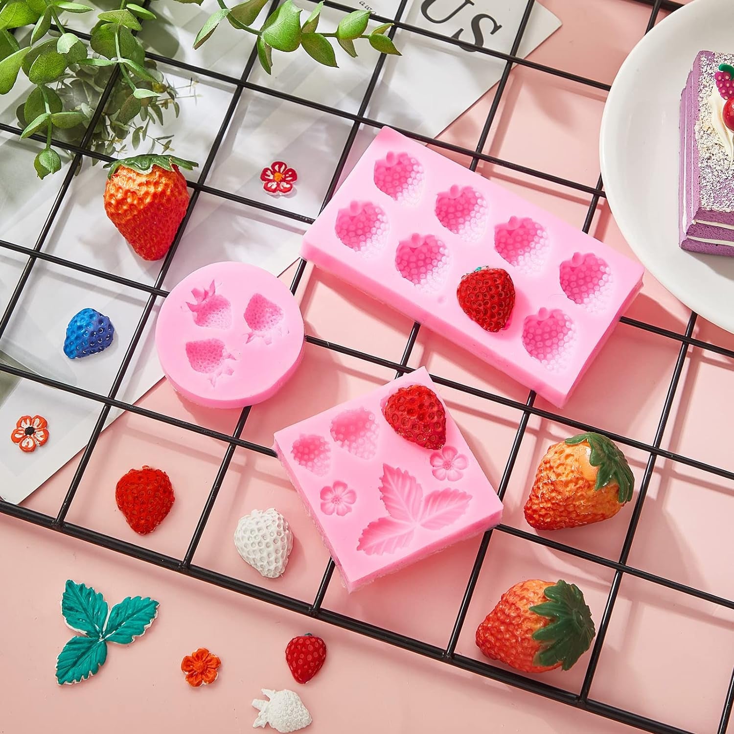 3 Pcs 3D Strawberry and Flowers Silicone Mold Strawberry Baking Mold Fruit Fondant Mold Handmade Candy Jelly Bakeware for Baking Chocolate Pan Cake Kid Cupcake Soap Candle Clay Resin Wax Making