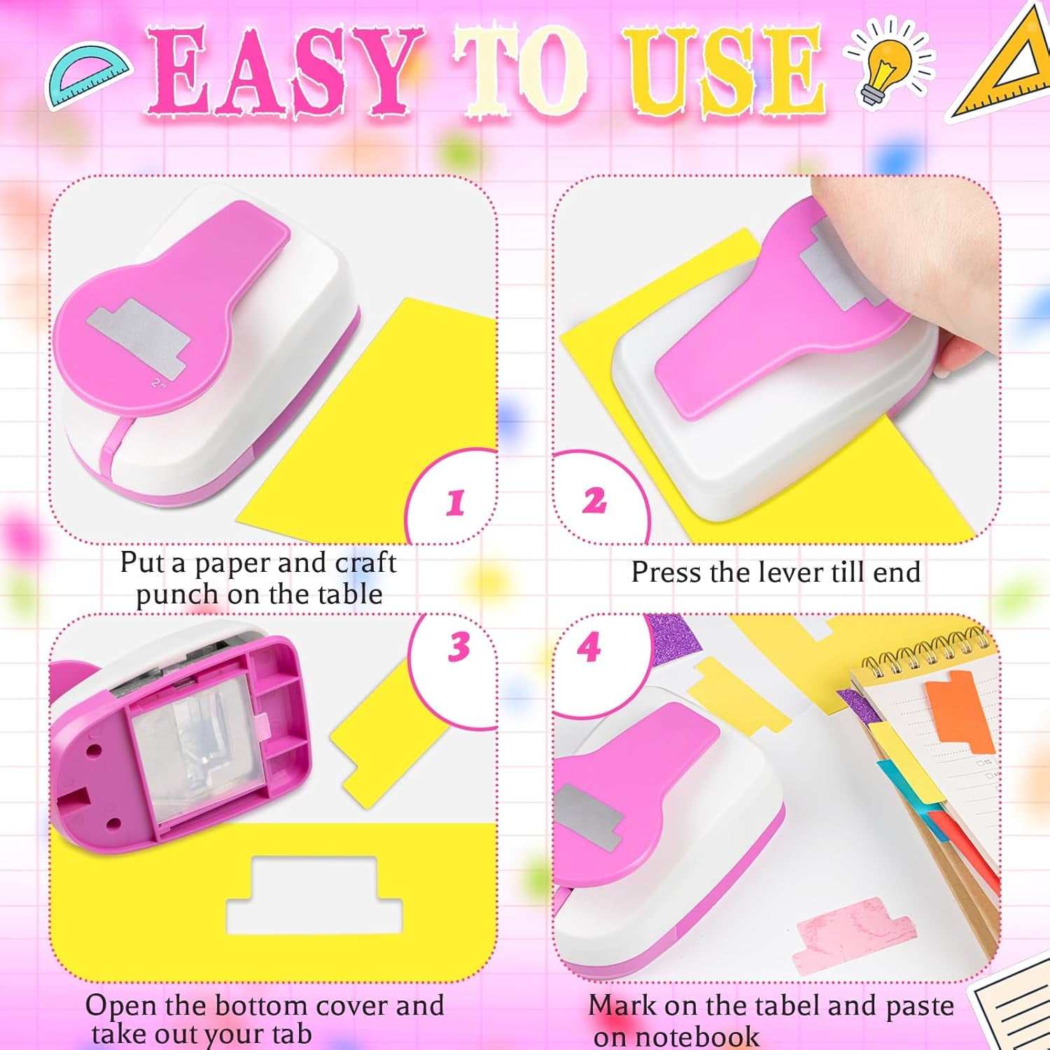 2 Inch Tab Paper Punch, Tab Punch for Paper Crafts, Tab Hole Punch, Pink Paper Punches for Crafting, File Tab Punches, Tab Craft Punches for Scrapbooking, Planners, Book Tab