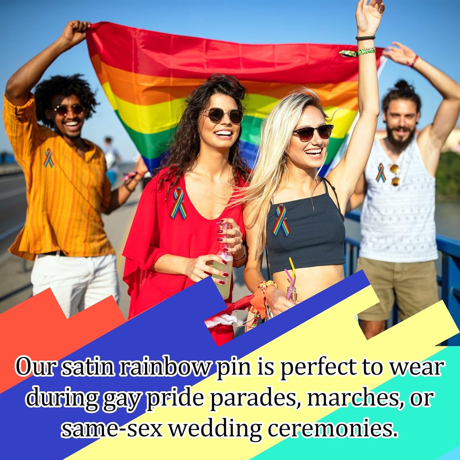 Ribbon Rainbow Pins Gay Pride Ribbon with Safety Pins Bulk, Satin LGBTQ Pins for Pride Parades, Gay Pride Satin Pins for Women Men Clothes Bag Decoration, 6.3 X 0.5 Inch (250 Pieces)