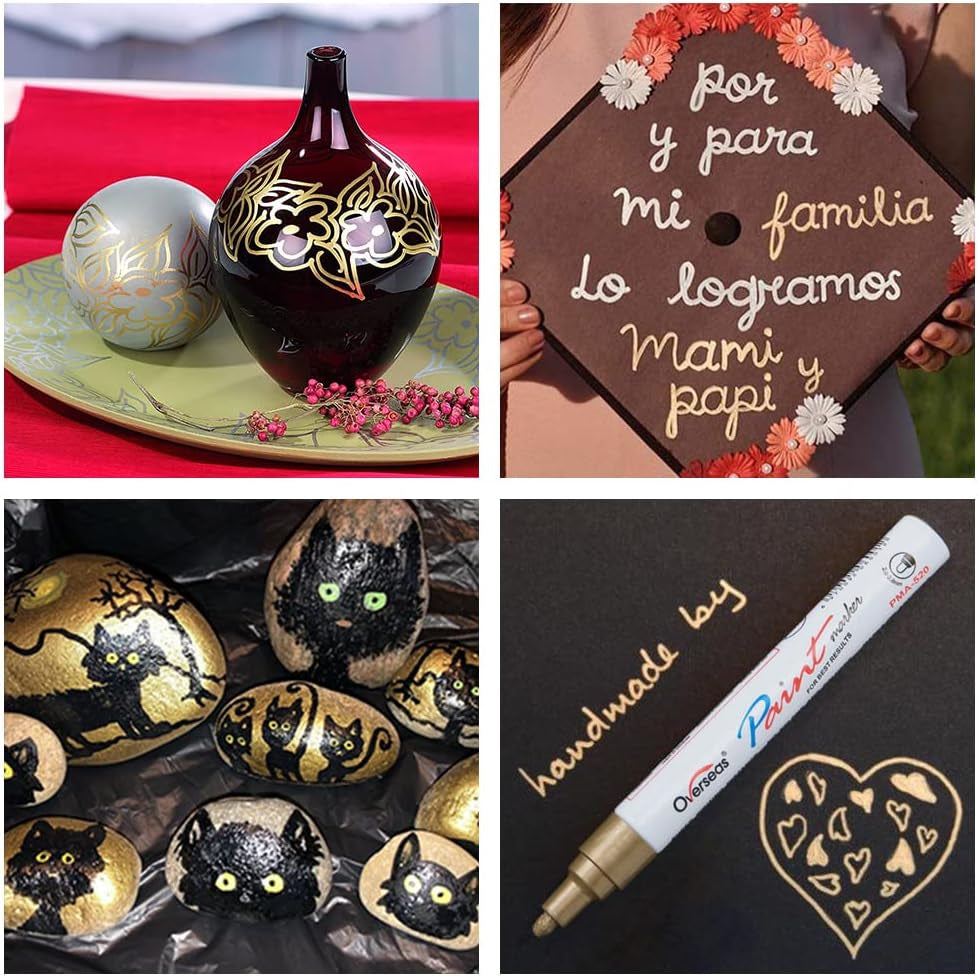 Gold and Silver Paint Marker Pens - 6 Pack Permanent Oil Based Metallic Paint Pen, Medium Tip, Quick Dry and Waterproof Markers for Stone, Wood, Metal, Plastic, Canvas, Glass, Ceramics, Rubber, Stone