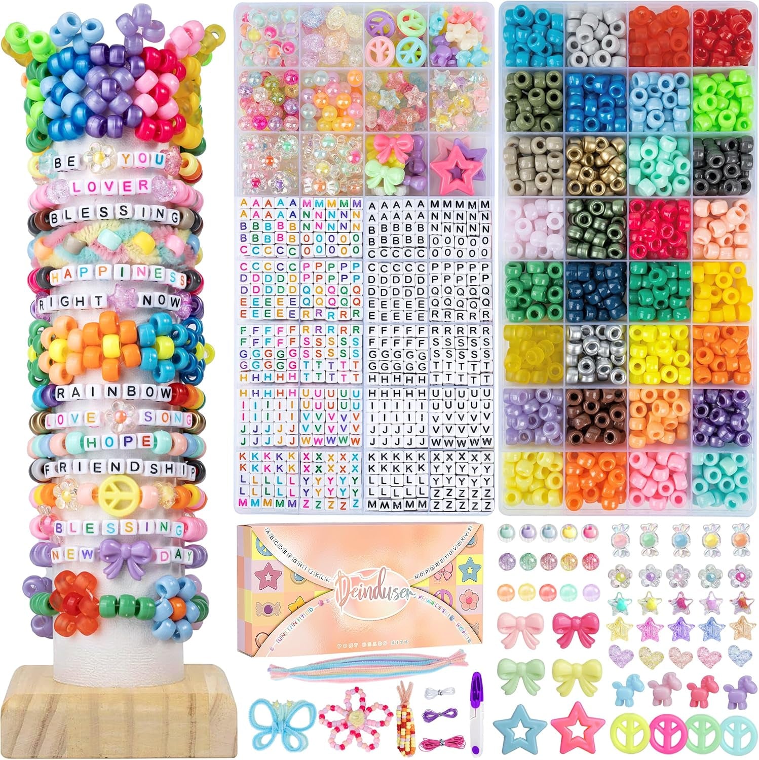 Kawaii Pony Beads Kit, Rainbow Kandi Beads and 1200Pcs Square Colorful Letter Beads, 32 Colors Plastic Craft Beads Bulk for Bracelets with 10 Beads Pipe Cleaners (Fashion Week)