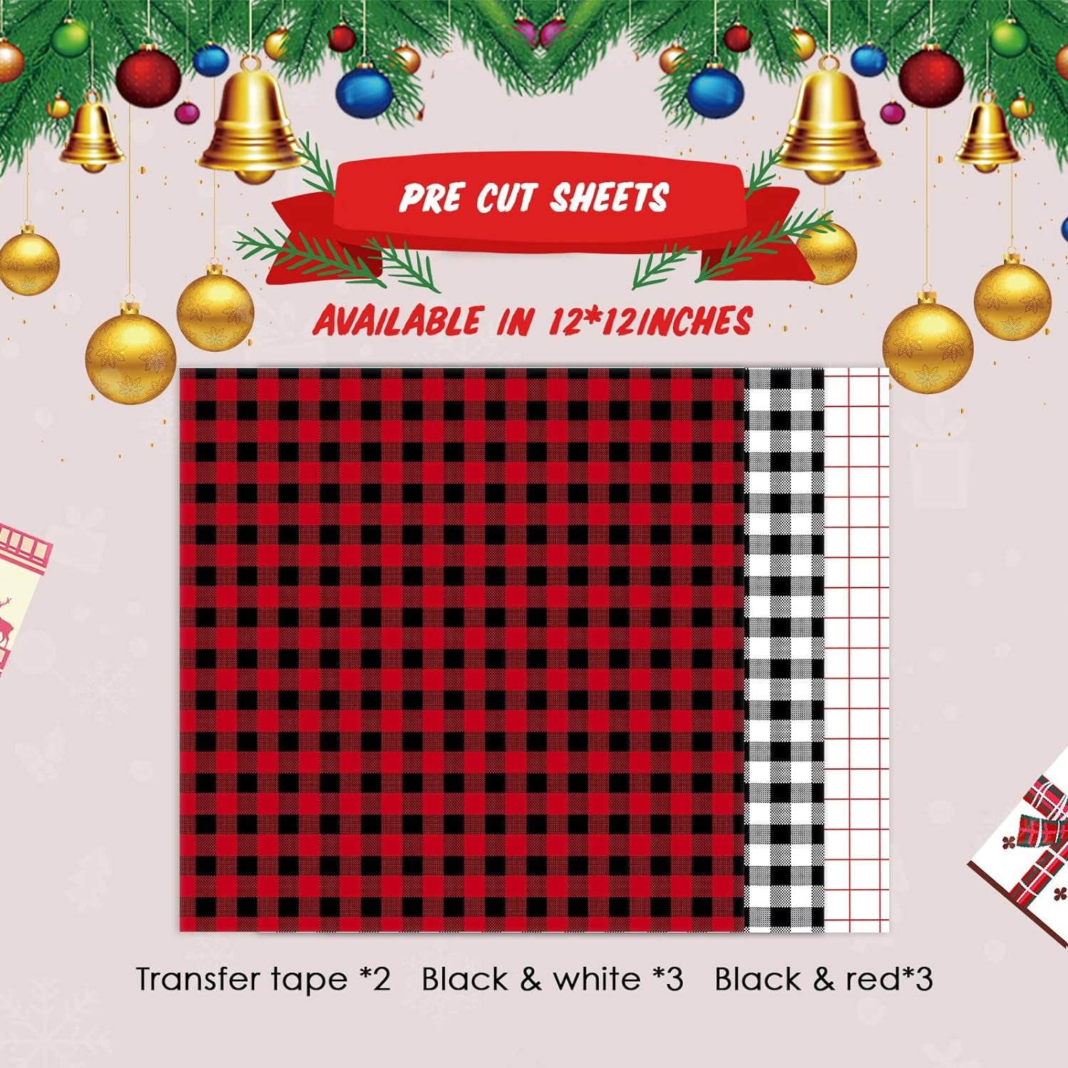 Buffalo Plaid Permanent Adhesive Vinyl-6 Sheets 12"X12" Buffalo Plaid Vinyl &amp; 2 Sheets Transfer Tape, Permanent Vinyl for Cricut Machine, Pattern Vinyl for Christmas