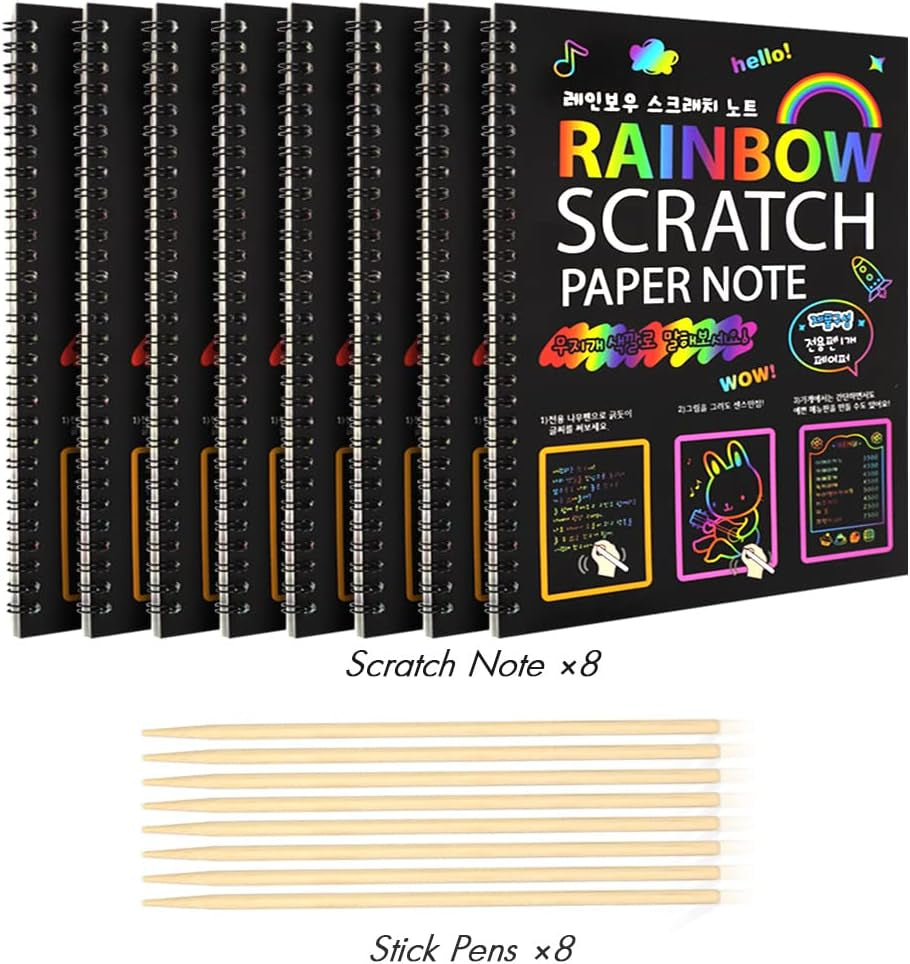 8 Pack Scratch Arts Drawing Notebook Paper for Kids Art Supplies, Large Rainbow Scratch and Sketch Books Set for Kids Party Favors