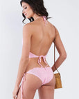 Pink Self-Tie Halter Neck Crochet Two Piece Swimsuit - OS