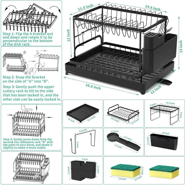 2-Tier Dish Rack with Drainboard &amp; Utensil Holder