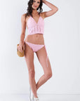 Pink Self-Tie Halter Neck Crochet Two Piece Swimsuit - OS