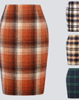Women Pencil Plaid Skirts Fall Winter Knee-Length High Waisted Bodycon Wool Skirt With Zipper Temperament Knitted Plaid Skirts