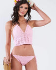 Pink Self-Tie Halter Neck Crochet Two Piece Swimsuit - OS