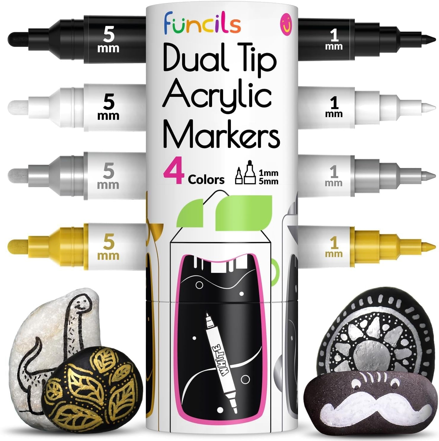 4 Dual Tip Acrylic Paint Pens - Fine Tip &amp; Medium, Permanent &amp; Waterproof - Acrylic Paint Markers for Rock Painting, Canvas, Wood, Ceramic, Glass, Fabric, Metal - White, Black, Gold &amp; Silver