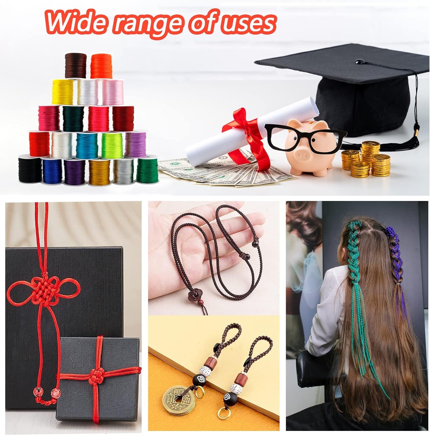 656 Yards 1Mm Rattail Satin Nylon Trim Cord 20 Colors Silk Cord Beading String for Necklace Macrame Friendship Bracelet Chinese Knot Kumihimo Dream Catchers Braid Hair
