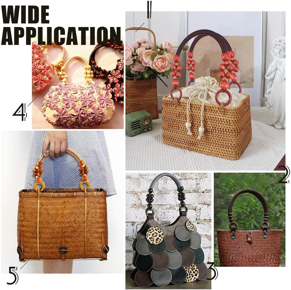 6Pcs Wooden Beaded Bag Handles, 3 Colors Purse Handles Nylon Rope Purse Straps Replacement Bag Handles U-Shape Purse Handles for Bag Making Shoulder Bag Handbag DIY Crochet Bag, 18 Inch