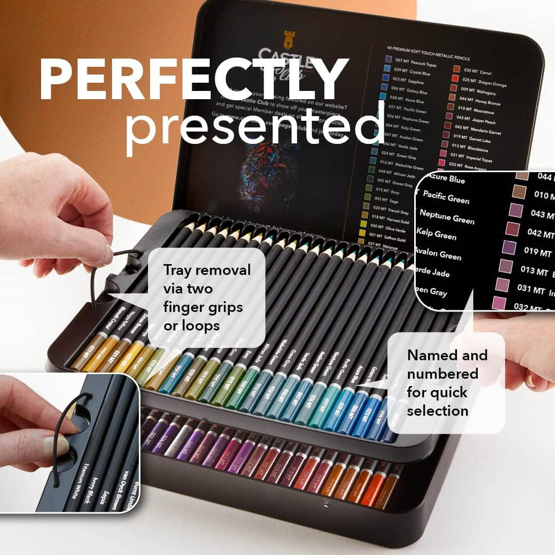 48 Piece Metallic Colored Pencil Set | 48 Shimmering Shades with Wax Cores for Professional, Adult Artists and Colorists | Protected and Organized in Presentation Tin Box