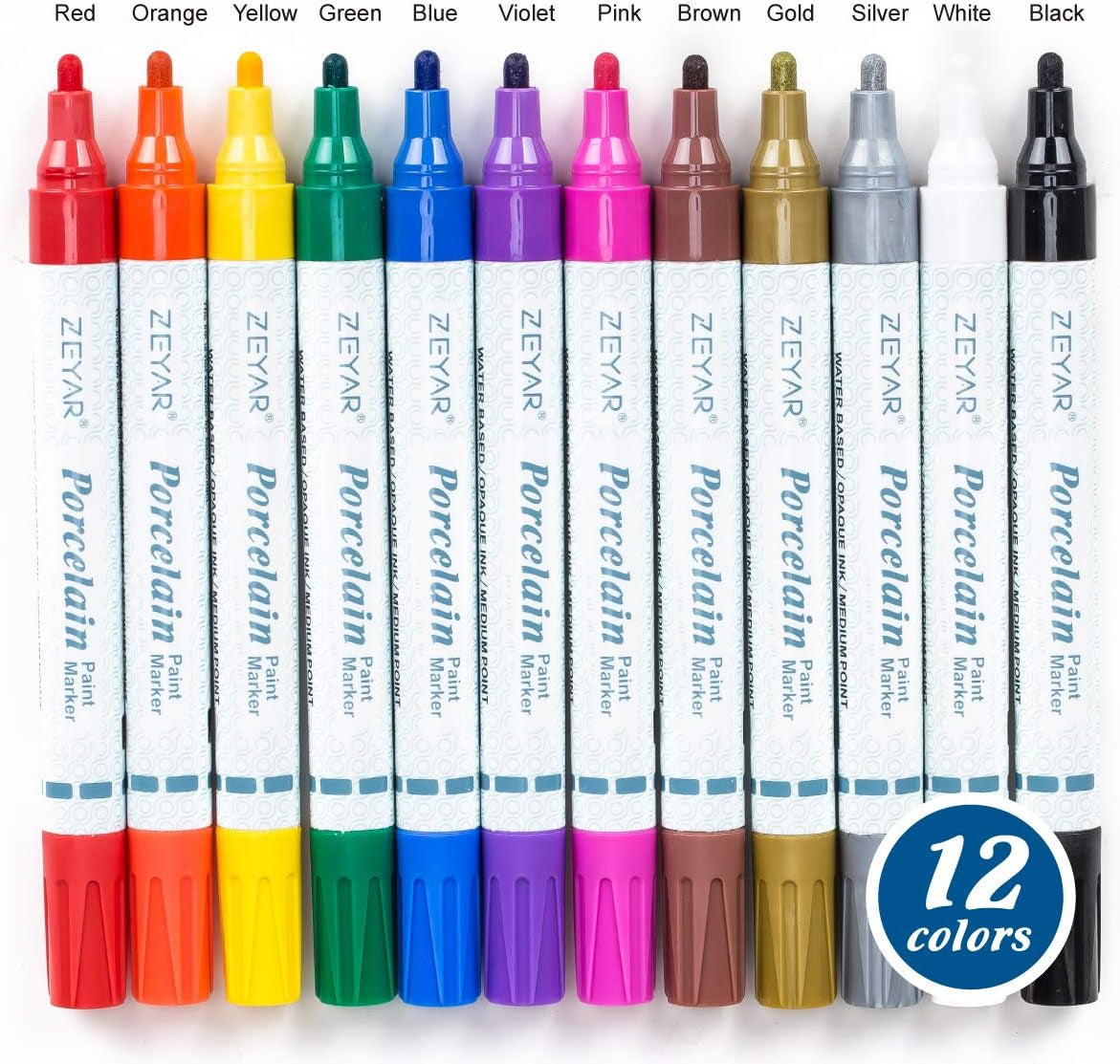 Acrylic Paint Pens for Porcelain, Professional Ceramic Painting, 12 Colors Water-Based, Medium Point, Water and Fade Resistant, DIY on Mugs and Other Ceramics for Permanent Collection