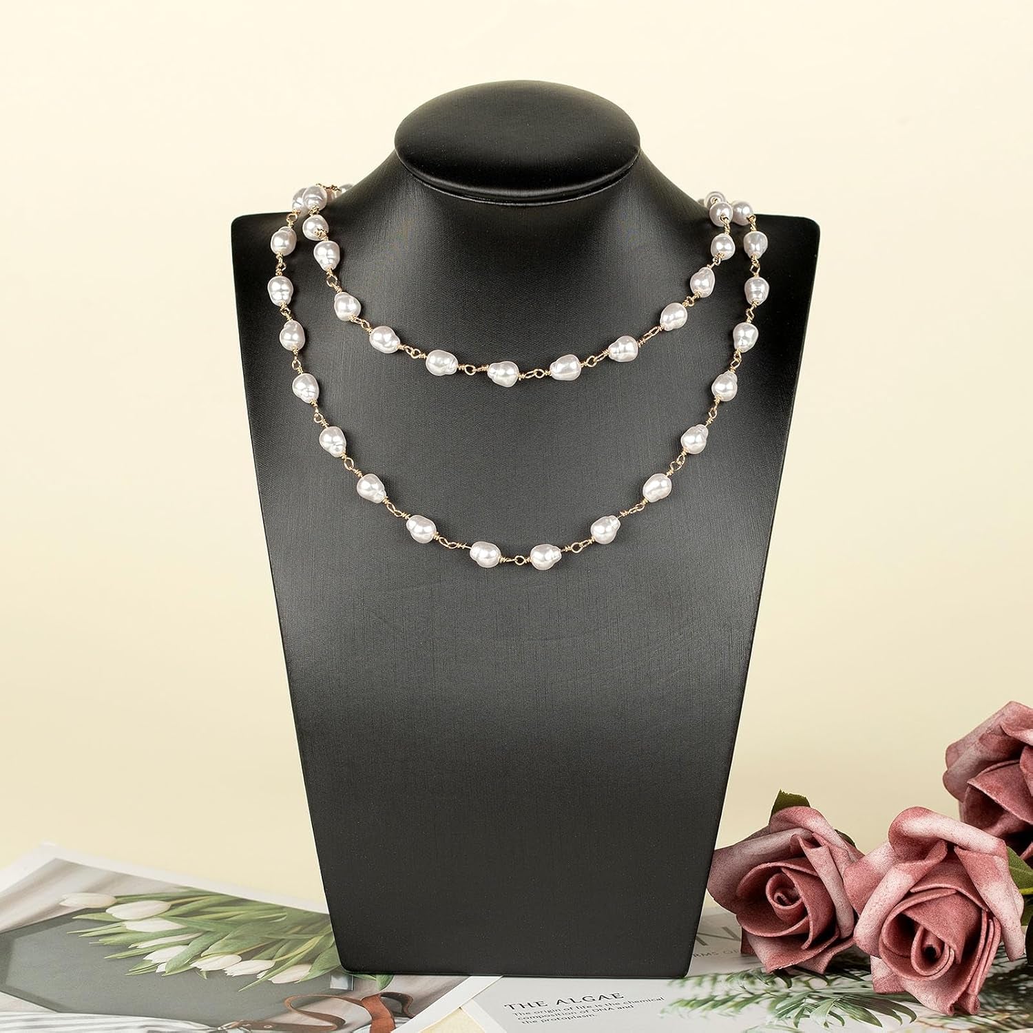 13 Feet Imitation Pearl Bead Chain Bulk KC Gold Plated Brass Jewelry Chain for Jewelry Making Necklace Bracelet DIY Handmade Craft Chain Roll